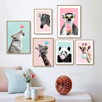 Copil Pepinieră De Perete De Artă De Desene Animate Drăguț Imagini De Animale Bubblegum Girafa Panda Postere Zeabra Panza Pictura Pentru Copii Decor Dormitor