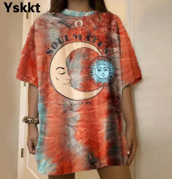 Tricouri WomenGraphic Streetwear Supradimensionat Maneci Scurte Harajuku Tee Cămașă De Vară De Sex Feminin Luna Soare De Imprimare Vrac Tie Dye Tricouri Topuri