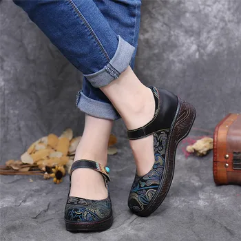 SOCOFY Stil Retro Femei Folkways Model de Lux din Piele Pantofi Plat cu Margele Florale Cârlig Buclă Plat Pantofi Casual, Sandale 2020