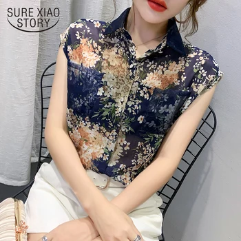 2021 Plus Dimensiune Cardigan Doamnelor Topuri Blusas Mujer De Vară Florale Șifon Femei Camasi Casual De Imprimare Fără Mâneci Bluza Femei 10225