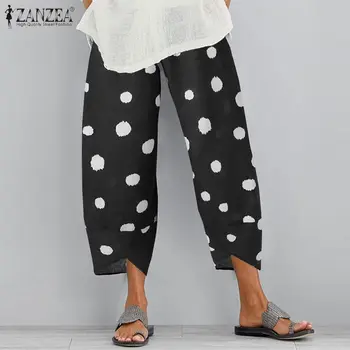 ZANZEA Pantaloni de Vara pentru Femei Vintage Dot Imprimate Pantaloni Casual Lenjerie de pat din Bumbac Pantaloni Largi Harem Pantalon Plus Dimensiune Streetwear 5XL