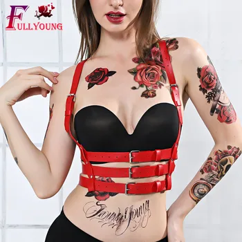 Fullyoung Sexy Femei Roșie Decupată Sutien Ham de Piele Centura Jartieră Robie Pastel Goth Rave Corpul Sclavie Femei Lenjerie Regla