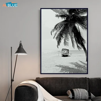Palmier Tropical Frunze Poster Canvas Printuri De Arta De Perete Alb Negru Plajă, Peisaj Imagini De Perete Pentru Camera De Zi Decor Acasă