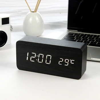Ceas cu alarmă Digital Multifunctional cu Ceas LED Ceas Deșteptător Lemn Alb Voice Control, USB Alimentat Termometru Office Home Decor