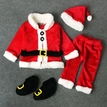 Crăciun Moș crăciun Cosplay Costum baietel Haine de Fata Santa Topuri+Pantaloni+Hat+Pantofi 4buc Fleece Cald Xmas Recuzită Fotografie