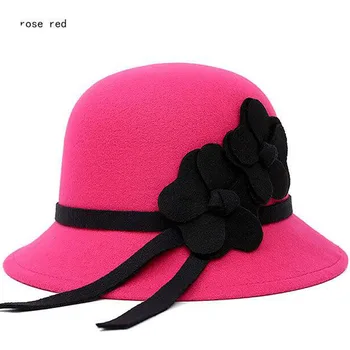 2018 Nouă Femei Din Coreea De Lână, Pălării De Fetru Toamna Iarna Flori Pălării Rotunde De Sus Pălării Cloche Solid Negru Roșu De Sex Feminin Biserica Pălării