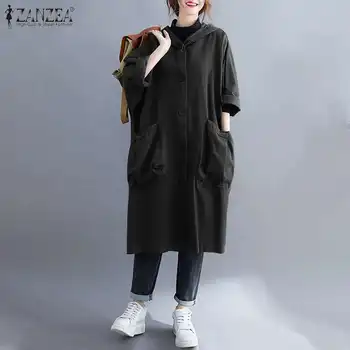 Moda Casual cu Glugă Straturi ZANZEA coreean Solid Geci de sex Feminin Single-breasted Buzunare Femei Toamna Lung Trenci Plus Dimensiune