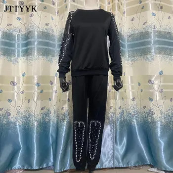 Dimensiuni Mari De Primăvară Neagră Două Bucata Set Pentru Femei Cu Maneci Lungi Tubulare Cu Margele 2 Bucata Set Femei Pe Gât Rotund Elastic Talie Costum De Sex Feminin 122