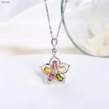 SGARIT nou design floare colier bijuterii de argint 925 naturale colorate turmalina colier pandantiv pentru femei cadouri