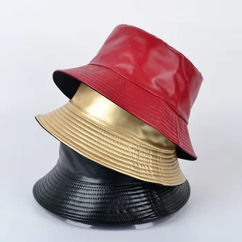 2021 Apring Faux Din Piele Găleată Pălărie Dublă Față-Verso Pălărie Pu Și Bumbac Solid Palarie De Soare De Vară De Moda Doamnelor Panama Pescar Capac