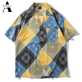 Vintage Print Hip Hop Cămașă Hawaiană Bărbați Moda Streetwear Scurt, Camasi cu Maneca Mozaic Turn-down Guler Buton-Up Bluza 2020