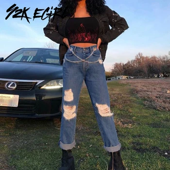 Y2K EGIRL Dificultate Talie Inalta Blugi Drepte cu Cruce Lanț Gol Afară de Stilul Punk-O-nkle Lungime Pantaloni 90 Streetwear Toamna