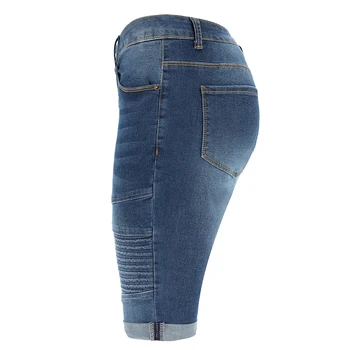 Denim Pantaloni Scurți Femei Mijlocul Naștere Elastic Genunchi Lungime Pantaloni Scurți De Vară Curbați Moto Stretch Blugi Scurte Pantaloni