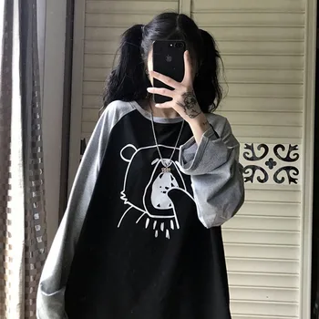Camasi cu Maneca lunga Femei Ursul Somnoros Tipărite Lung-stil Liber de Desene animate Ins Harajuku Agrement Chic Femeie T-shirt Adolescenti Korean Noi