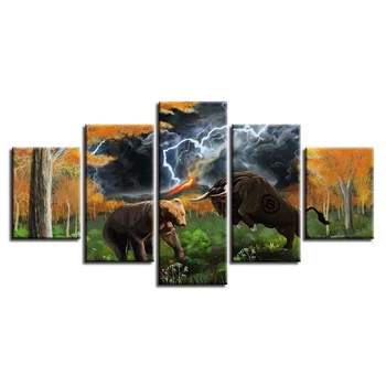Poster Modular Panza Imagini HD Tipărite 5 Bucăți de Animale de Pluș Și Taur Fulger Abstract Peisaj Pictura de Perete Cadru Art Decor