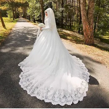 Vestido De Noiva Halat De Mariage arabă Musulmană de Lux Frumos 80cm Traseu Lung Maneca Lunga Hijab Rochie de Mireasa cu Voal 2020