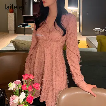 V-Neck Franjuri Rochie A-Line Mini Cu Maneci Lungi De Culoare Roz Vestido De Mujer Femei De Noapte Petrecere Vintage Coreea De Sud Drăguț 2021 Primavara-Vara