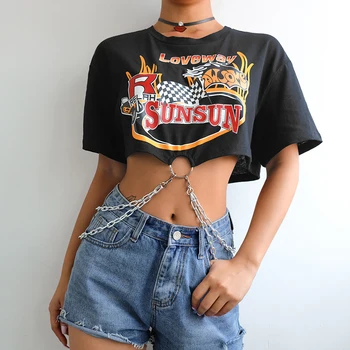 HEYounGIRL coreea Punk Maneca Scurta Tricou Femei Negru Harajuku Bumbac Tricou Femei Imprimat Top cu Lanțuri de Streetwear Vara