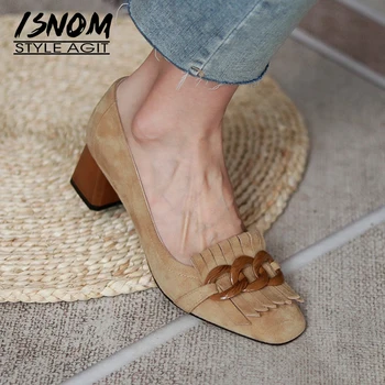 ISNOM Femei Retro Franjuri Pompe de Oaie piele de Căprioară Deget de la picior Pătrat Lanț Decor Încălțăminte, Tocuri Groase Doamna Eleganta Tassal Pantofi Rochie 2021