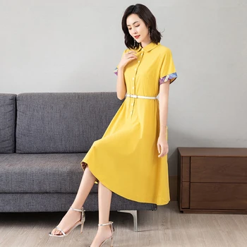 Femei rochie de vara coreean scurt maneca tricou femei rochie haine de moda galben birou doamnelor mult OL munca rochie curea