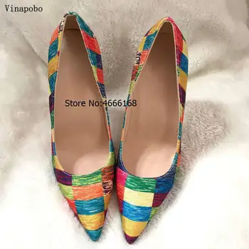 Vinapobo 12/10/8 CM Toc Curcubeu Colorat Imprimat Subliniat Toe Stilet Toc Înalt 2019 Femeie Mireasa pantofi de sex Feminin Pompe