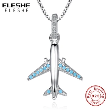 ELESHE Autentic 925 Colier Argintiu Albastru de Cristal Aeronave Avion Pandantiv Colier pentru Femei Lanț Lung de Bijuterii Fine