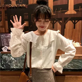 Tricouri Femei Peter Pan Guler Flare Sleeve Solid Minimalist Doamnelor Bluze Student Minunat De Moda Casual, Lejere Stil Coreean Noi