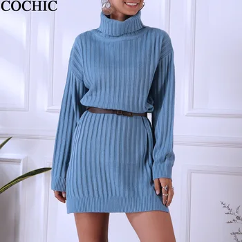 Femei Toamna iarna Tricotate Gât Înalt Groapă Culoare Solidă Vrac Sweather Rochie cald Guler Rochii pulover