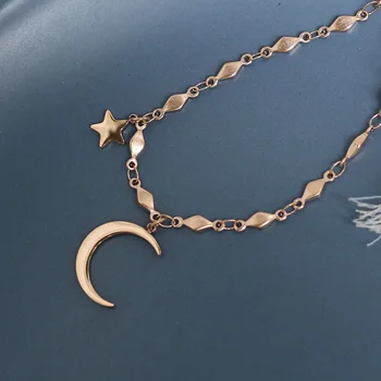 Frumos Înstelat Luna Crescent Stea Cu Cinci Colțuri Sclipici Diamant Colier Cravată Clavicula Lanț Oțel Titan Aur A Crescut