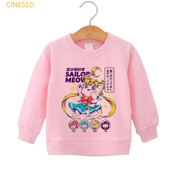 Copii Amuzante Sailor Moon Hanorac Fete Anime Drăguț Pisica Print Grafic Copii Tricou Alb Roz Galben Jumper Pulovere De Iarna