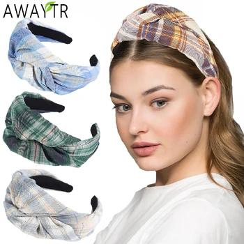 AWAYTR Femei Imprimate cu Dungi Bentita de Bumbac Carouri Nod Elastic Hairband Păr de Epocă Hoop Fetele Larg Banda de Păr Accesorii de Par