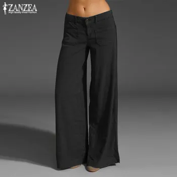 2021 ZANZEA de Epocă Elegant Largi Picior Pantaloni Femei Pantaloni de Vara Butonul Fermoar Fata Nap Cauzalitate Nap Plus Dimensiune Pantalon 7
