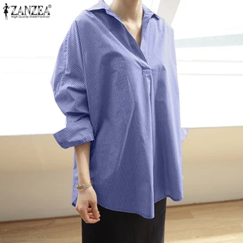 Plus Dimensiune Elegant Butonul Înapoi Tricouri Femei Neregulate Bluze ZANZEA Casual cu Maneci Lungi Blusas de sex Feminin Rever cu Dungi, Bluze Tunica