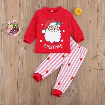 2 Buc pentru Copii din Bumbac de Crăciun Pijama Set Mos Craciun Elan Gât Maneca Lunga Pulover Casual, Dungă Stele Pantaloni Largi