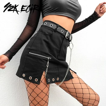 Y2K EGIRL Grunge Talie Mare Negru Fuste cu Lanț Stilul Punk Tai O Gaura-line Fuste Mini Streetwear Costum Gotic Toamna anului Nou