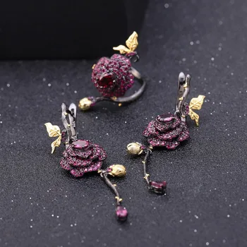 GEM de BALET Naturale Rhodolite Granat Handmade Rose Floare Bijuterii Set Argint 925 Inel Cercei Seturi de Bijuterii Pentru Femei