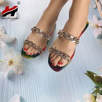 NAN JIU MUNTE 2021 Plat pentru Femei Sandale sandale Papuci Lanț de Moda Handmade în aer liber Pantofi de Plaja Plus Dimensiunea 41