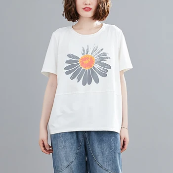 Maneci scurte T-shirt Femei de Moda de Vara Daisy Print Office Lady Vogue Chic din Bumbac de sex Feminin Supradimensionat coreeană Stil Patchwork Tee
