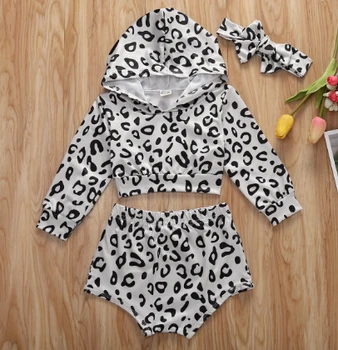 0-4Y Toddler Copii Fete Băieți Leopard Seturi de Haine cu Maneci Lungi cu Glugă Topuri+pantaloni Scurți 2 buc Utilaje