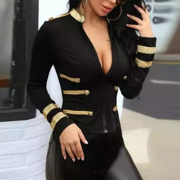 Stil britanic Sacou Negru Haina Sexy V-gât Adânc Fermoar epolete structure de forta Slim Uza chaqueta mujer C9D291