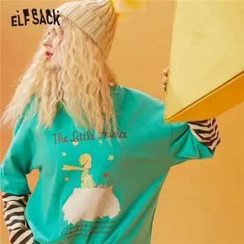 ELFSACK Harajuku Desene animate Print Casual 2-ÎN-1, T-Shirt Femei,2021Winter ELF Vintage cu Dungi Complet Maneca Fetișcană de zi cu Zi Grafic Topuri