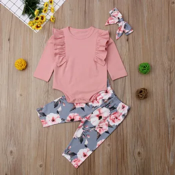 2019 Brand Nou copil Copil Fete 3PCS Seturi Volane Roz cu Maneci Lungi Vladan Topuri+Floral Pantaloni+Bentita Toamna Iarna Haine