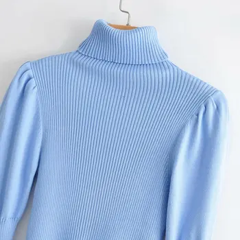 Iarna Toamna pulover pulover femei topuri întinde tricotate verticale textura Puff mâneci guler înalt elastic subțire pulover femme