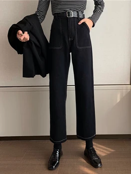 Talie mare pentru Femei Blugi Largi Picior Denim Albastru Streetwear Epocă coreea Style All-meci Simplu Full-length Jean Pantaloni Pantaloni