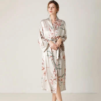 Doamnelor Florale Sleepwear Sexy Satin De Matase Noapte Uzură De Moda Robă Lungă Pijama Set 3 Piese Elegante De Îmbrăcăminte Acasă Pentru Womem