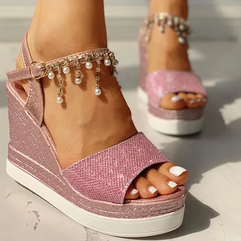 Karinluna Dulce tocuri de Agrement confortabil platforma Lanțuri de perle sandale de vara pentru femei pantofi Pene de sex feminin