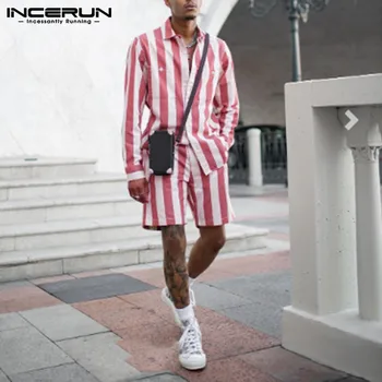 INCERUN Moda cu Dungi Bărbați Seturi de Streetwear 2021 Buzunare Maneca Lunga Camasi Casual Elastic Talie pantaloni Scurți pentru Bărbați Costume 2 Piese S-5XL