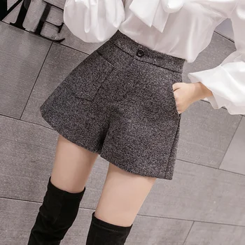 Coreea style femei casual de lână pantaloni scurți de înaltă talie vrac largi picior o linie de pantaloni scurți femei toamna iarna plus dimensiune femme pantaloni scurți