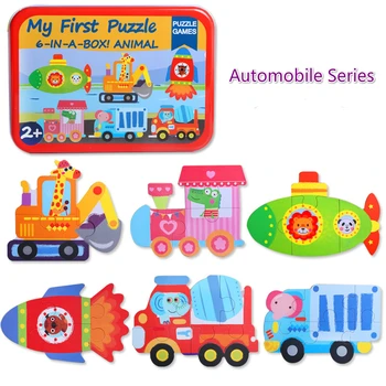 Educația Timpurie a copiilor Cunoaștere Puzzle din Lemn cu Șase într-o Cutie de Fier Primul Meu Puzzle Jucării de Desene animate Desene animate Lemn Jucărie Cadouri