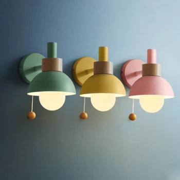 Nordic simplu macaron vopsea de culoare fier singur cap lampă de perete pentru camera de zi noptiera decor lemn verde led E27 de iluminat